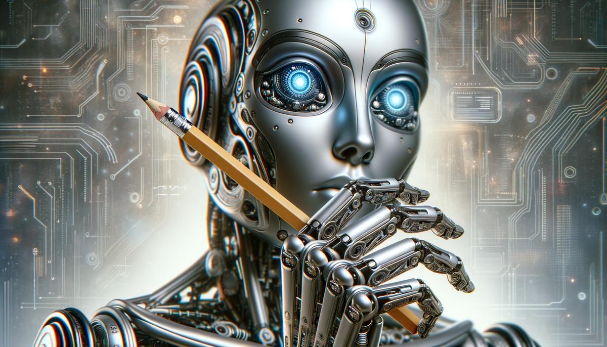 Image of a robot holding a pencil, symbolizing AI in the world of content creation. Avoid using words, letters or labels in the image when possible.