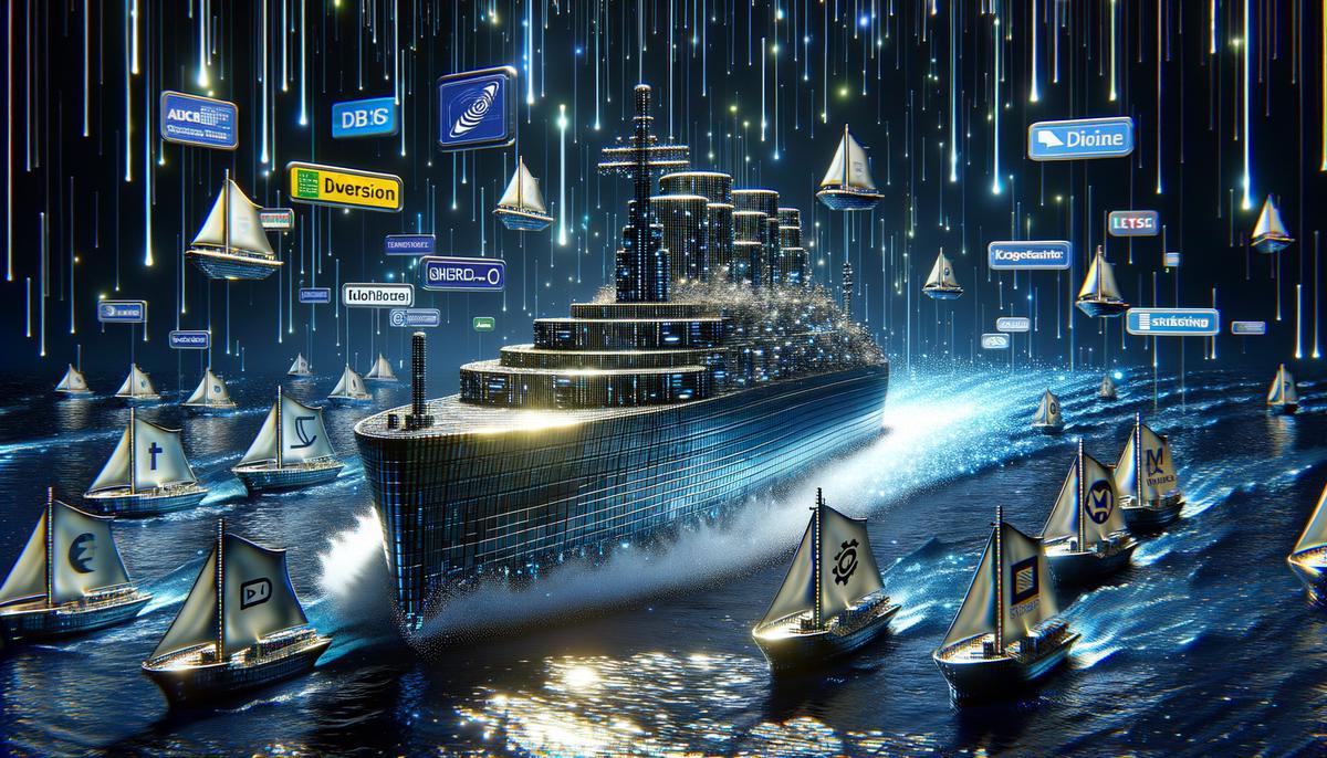 A realistic image depicting a digital ship sailing through GDPR compliance seas with a fleet of advertisers, symbolizing Ezoic's commitment to data privacy protection