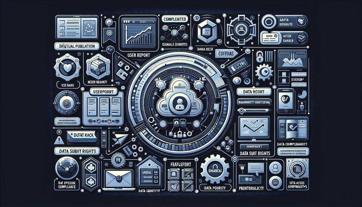 An image depicting a digital publisher's dashboard with tools for data subject rights compliance under GDPR