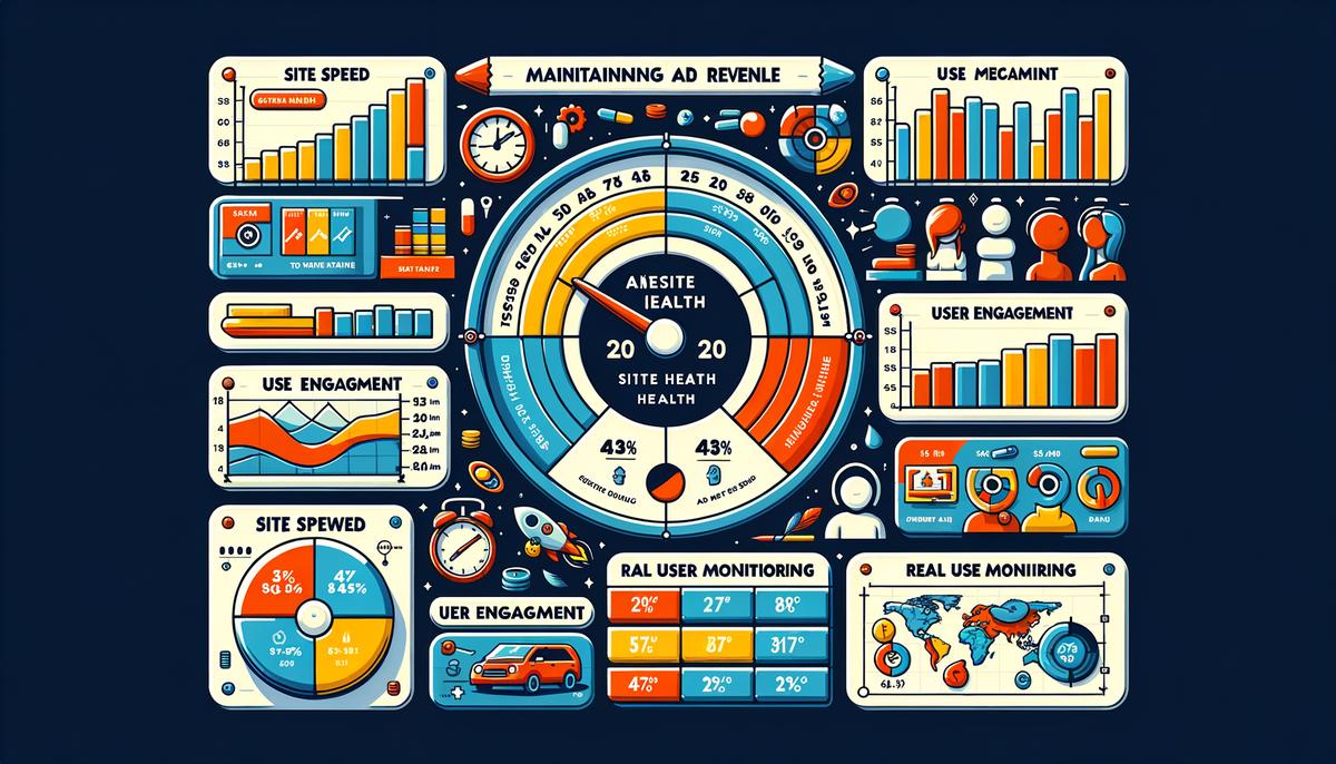 A professional looking website analytics dashboard with various graphs and charts showing site speed, user engagement metrics, A/B testing results, and real user monitoring data.