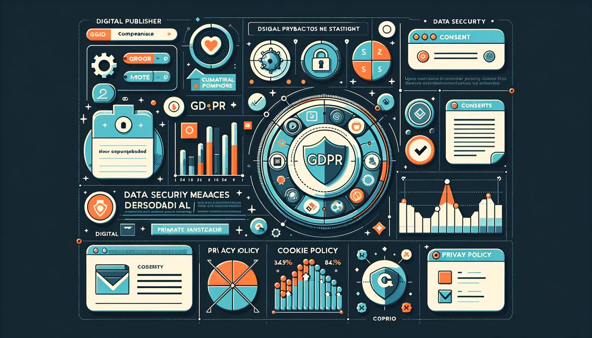 A realistic image depicting a digital publisher's website interface with a focus on data privacy and GDPR compliance