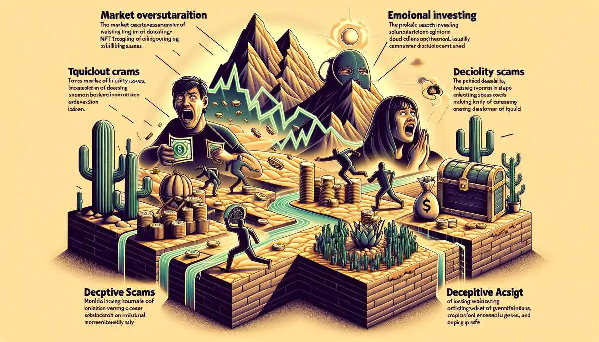 A digital image showing various pitfalls of NFT trading like oversaturation, emotional investing, liquidity issues, scams, and losing wallet access for visually impaired individuals.