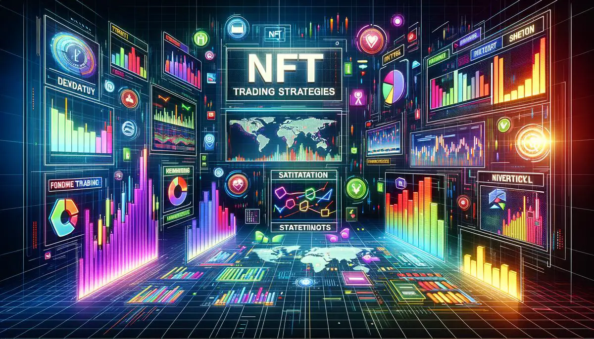 An image of NFT trading strategies written on a digital background with colorful charts