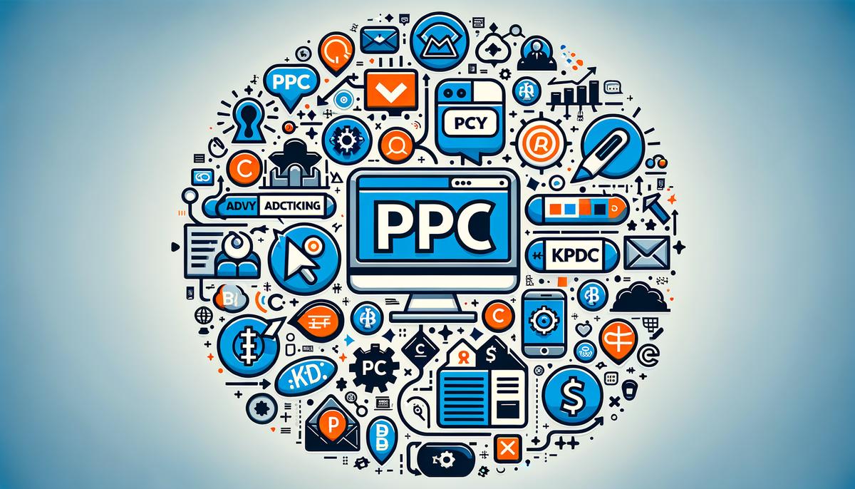 A visual representation of PPC explained with various advertisements and keywords in the background.. Avoid using words, letters or labels in the image when possible.