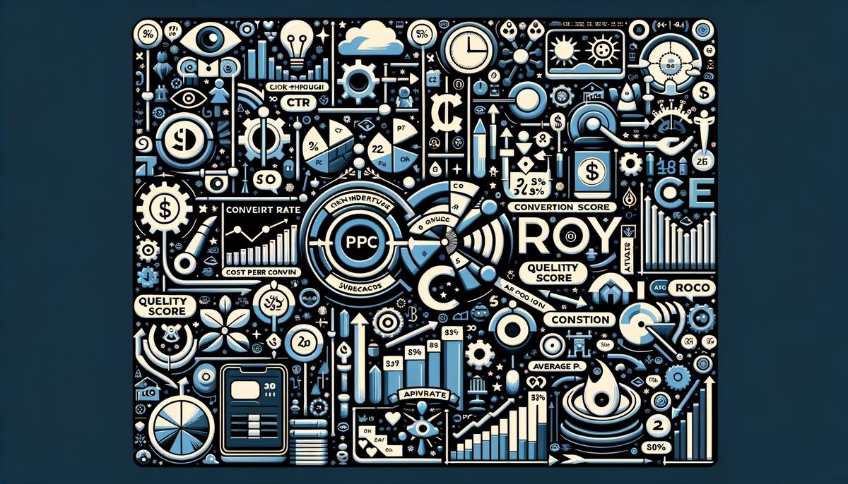 Image showing various PPC metrics such as CTR, Conversion Rate, Cost Per Conversion, Quality Score, ROAS, Impression Share, and Average Position.. Avoid using words, letters or labels in the image when possible.