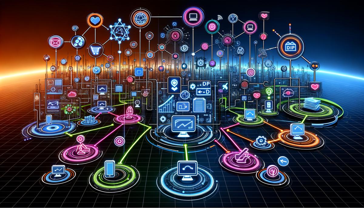 Illustration of a digital ecosystem in advertising, showing the interaction between DMPs, DSPs, SSPs, and Ad Exchange in a visual format for better understanding