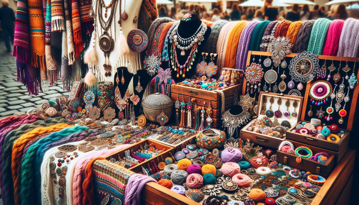 A diverse array of handmade crafts, from jewelry to scarves, beautifully displayed in a colorful and inviting setting