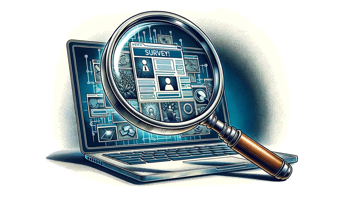 A magnifying glass over a computer screen, symbolizing the search for legitimate survey sites amidst scams