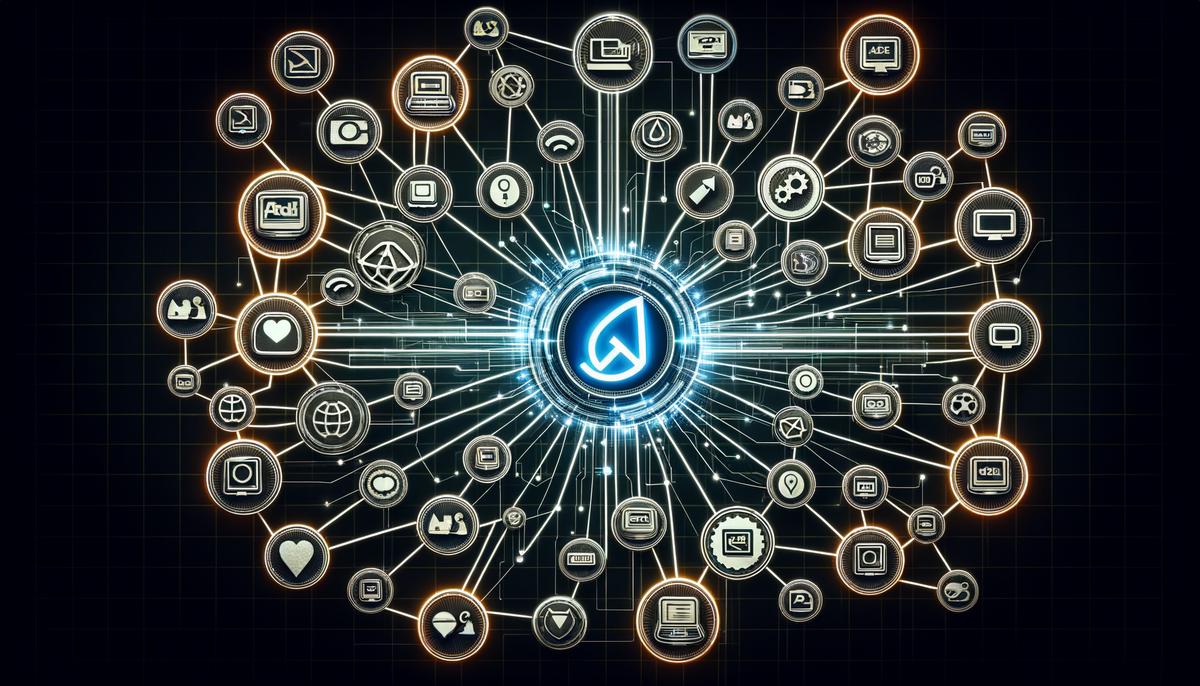 Multiple ad network logos connected in a network diagram