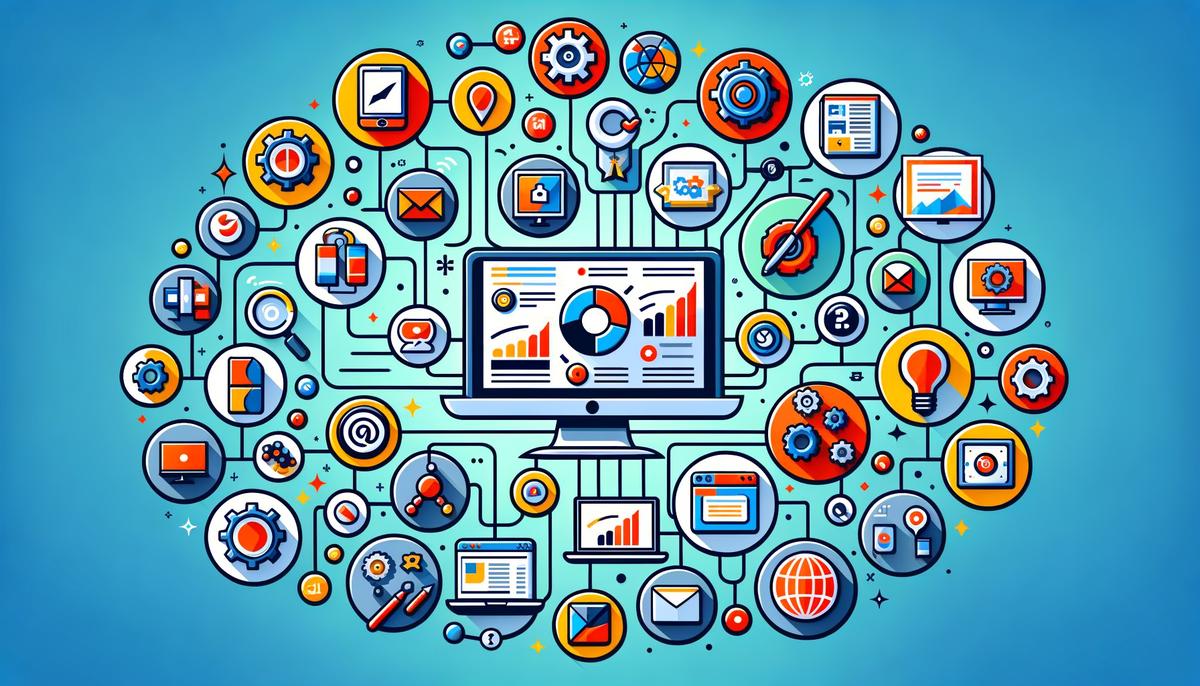 An illustration showing the integration of advertising analytics software with various marketing tools and platforms