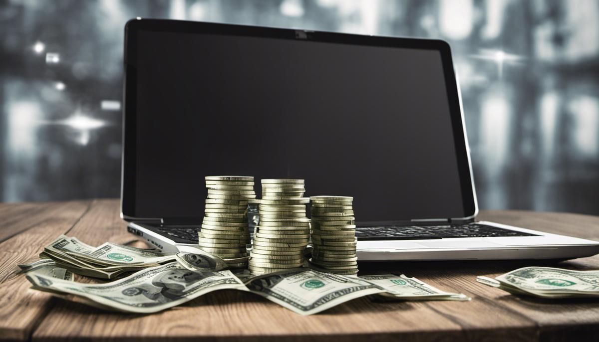A laptop with dollar signs on the screen, symbolizing the profitability of affiliate marketing for visually impaired individuals.