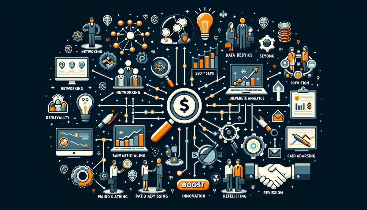 Image showing various strategies to increase blog income such as networking, SEO, data analytics, diverse income streams, paid advertising, building a team, maintaining trust, innovation, reflection, and revision.