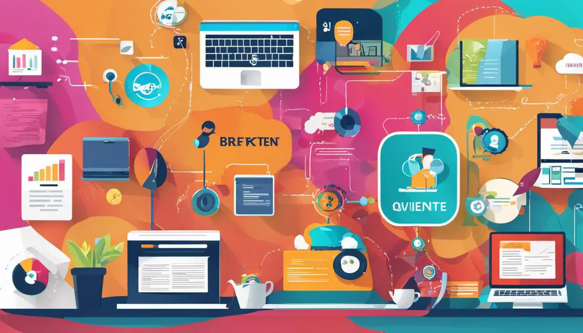 A colorful image illustrating content strategy tips for a successful blog, such as understanding the audience, focusing on quality, telling a story, using power words, utilizing SEO optimization, using multimedia, and keeping content updated.