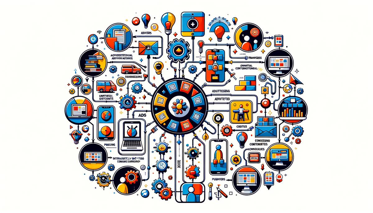 illustration of different contextual advertising networks, showing how ads are matched with content for publishers