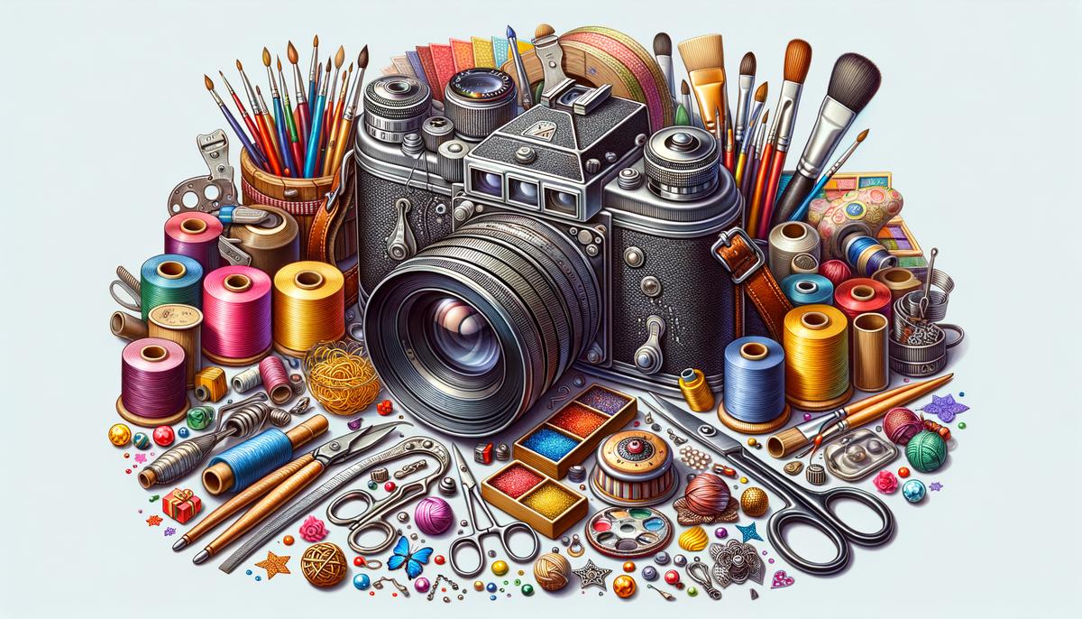 Image of a camera with various craft supplies, symbolizing crafty photography tips