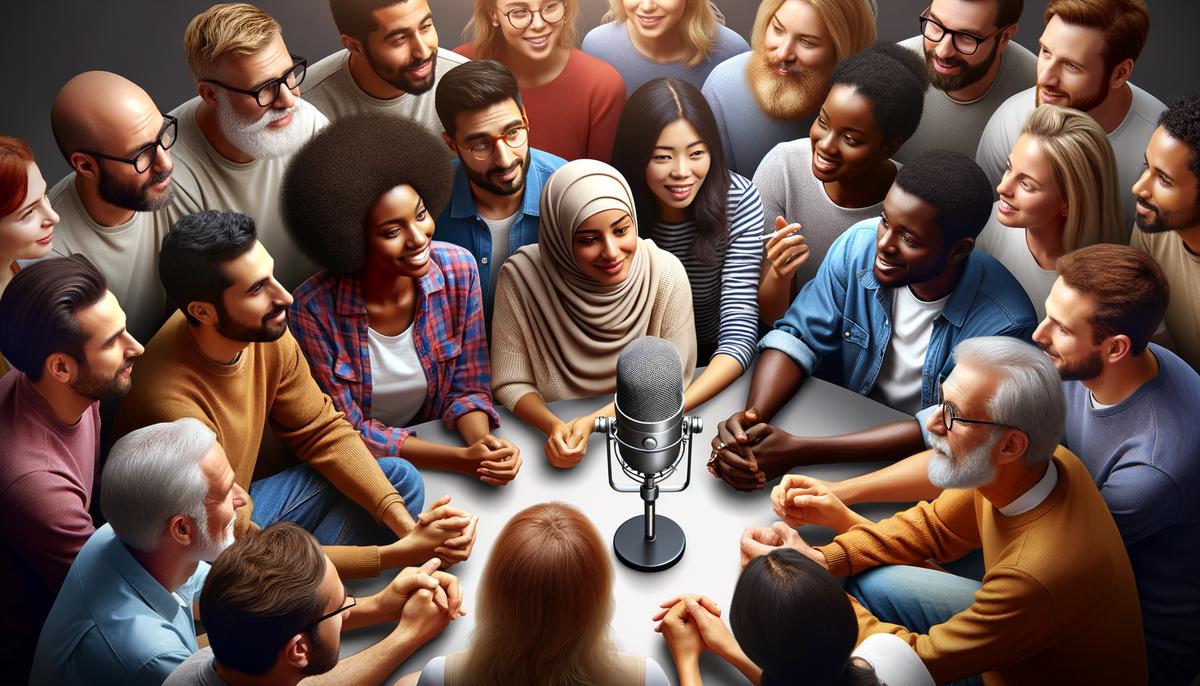 A diverse group of people gathered around a microphone, symbolizing teamwork and collaboration in podcasting