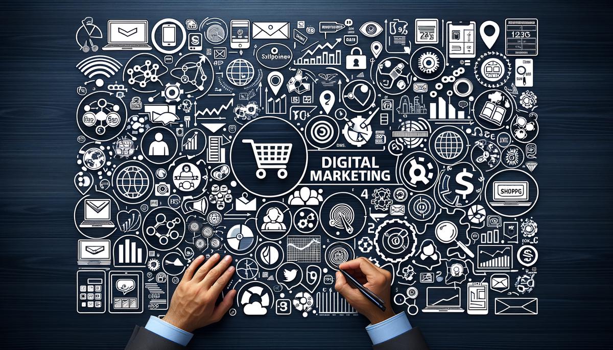 Image of a digital marketing concept, with various icons and graphics representing online advertising