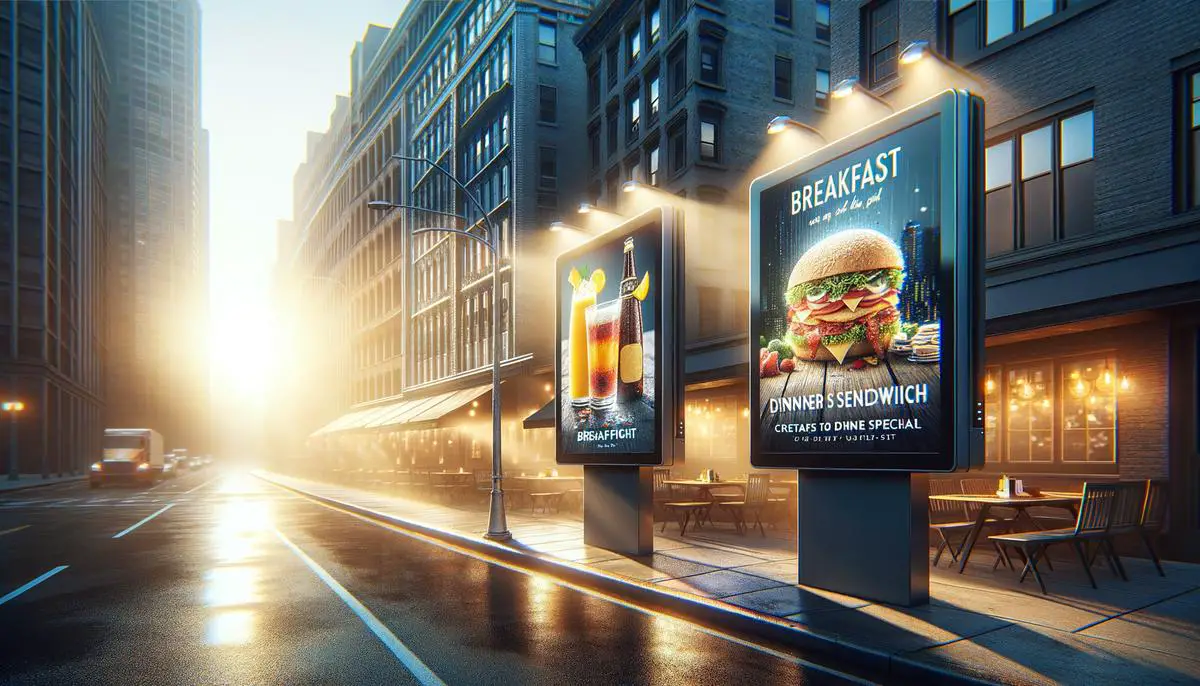 Two contrasting digital billboards, one in the morning showing a breakfast sandwich ad and one in the evening showing a dinner special ad