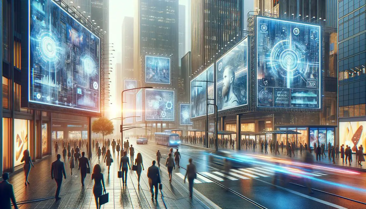 A futuristic city street with various innovative and engaging digital billboards and interactive advertising displays