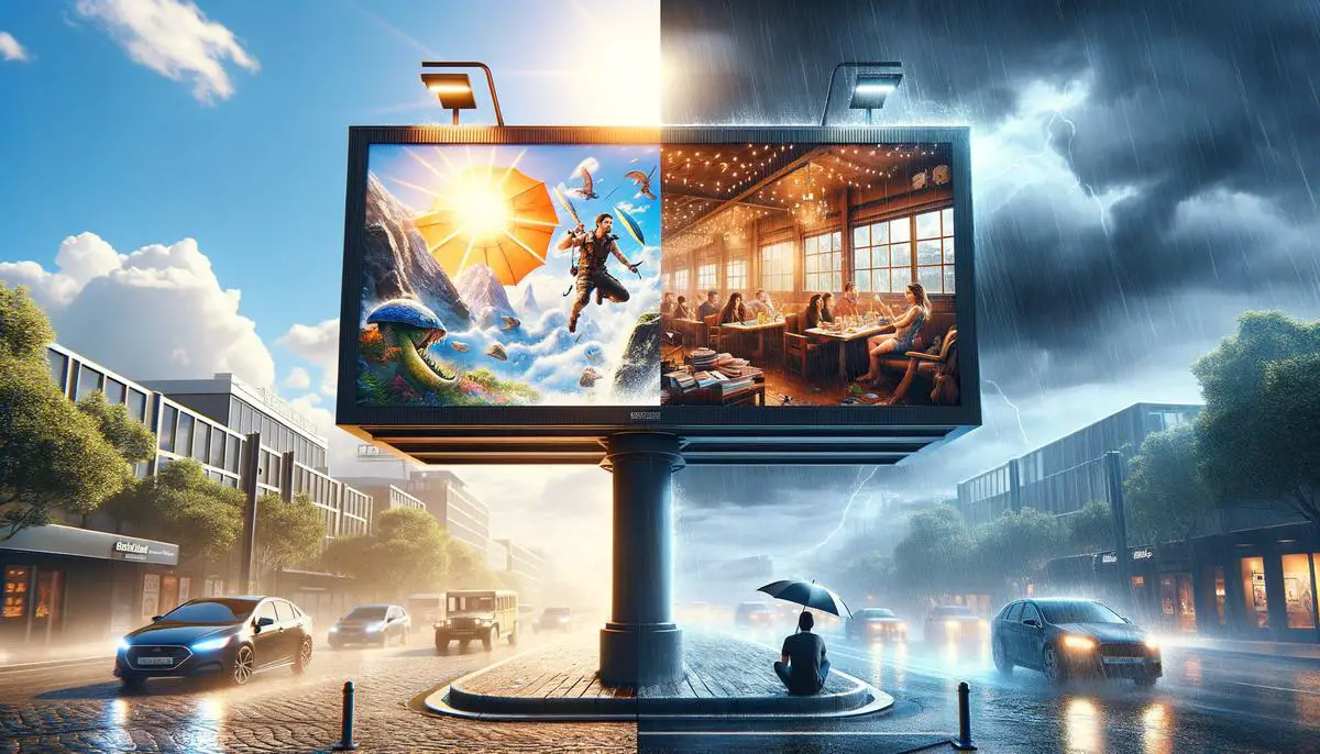 Two contrasting digital billboards, one on a sunny day showing ads for outdoor activities and one on a rainy day showing ads for indoor entertainment