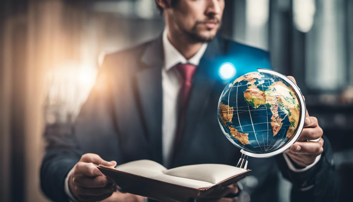 An image of a businessman holding a globe with a magnifying glass, representing the concept of finding the right products for a dropshipping business