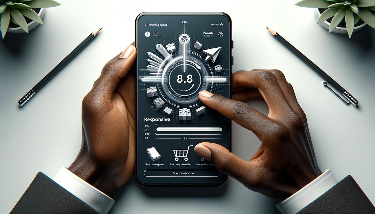 A realistic image depicting a mobile phone displaying an optimized e-commerce website, showcasing responsive design, fast loading speeds, and user-friendly navigation.