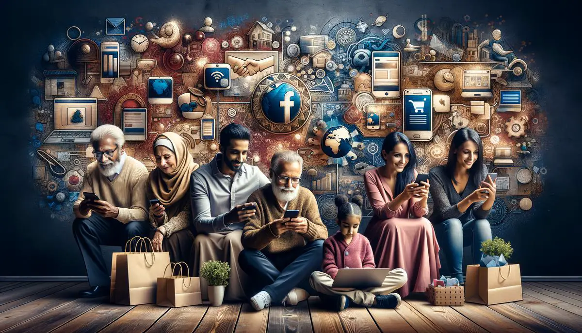 A realistic image depicting a diverse group of people engaging with various e-commerce platforms and products