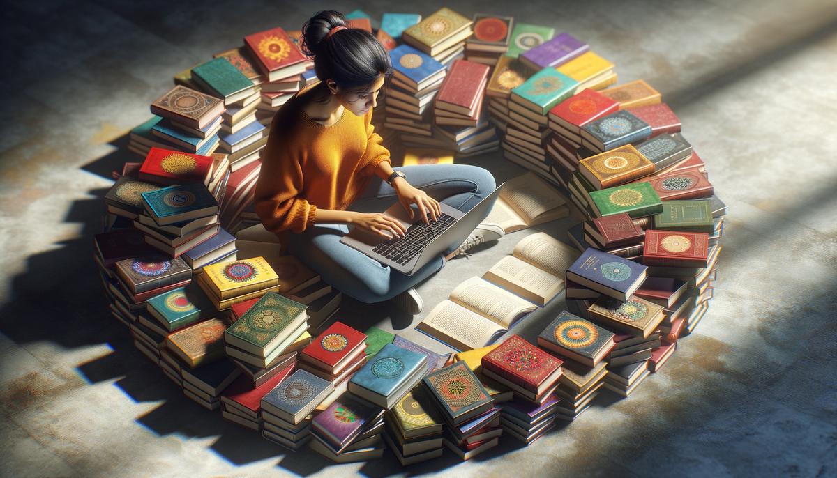 Image of a person writing on a laptop, surrounded by books.