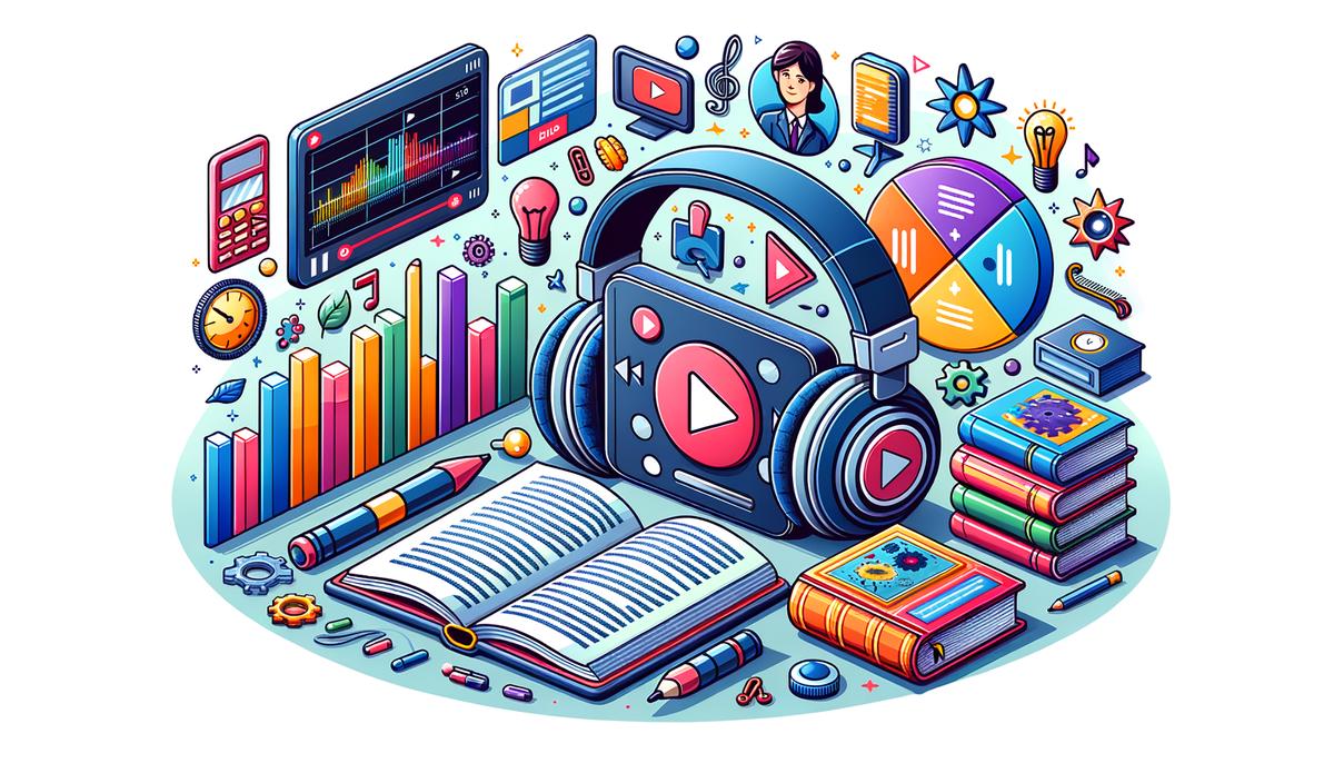 Illustration of diverse educational content such as videos, podcasts, infographics, and text