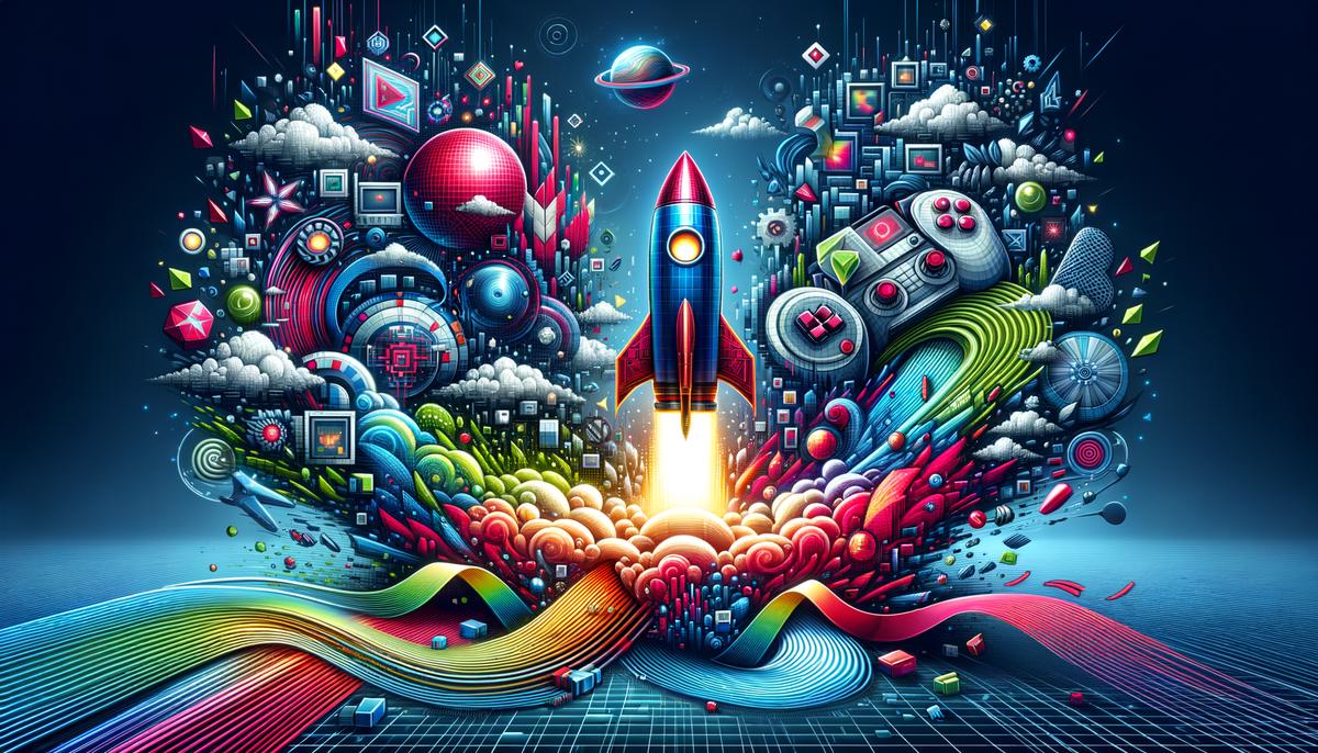 An image showing a concept of taking your Ezoic game to the next level with various design elements and a rocket ship symbolizing success