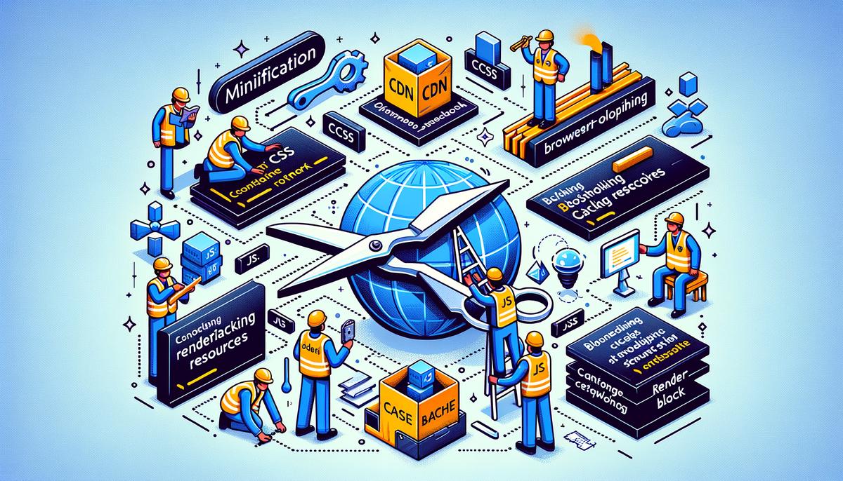 Illustration showing how Ezoic LEAP optimizes website speed through minification, CDN, caching, JavaScript management, and addressing render-blocking resources