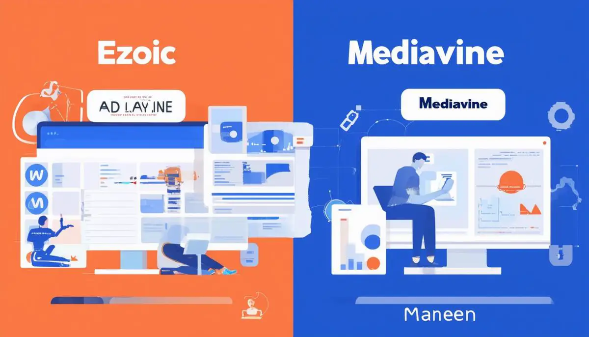 An illustration showcasing the different ad layout optimization strategies employed by Ezoic and Mediavine, with visual representations of AI-driven placement and manual curation.