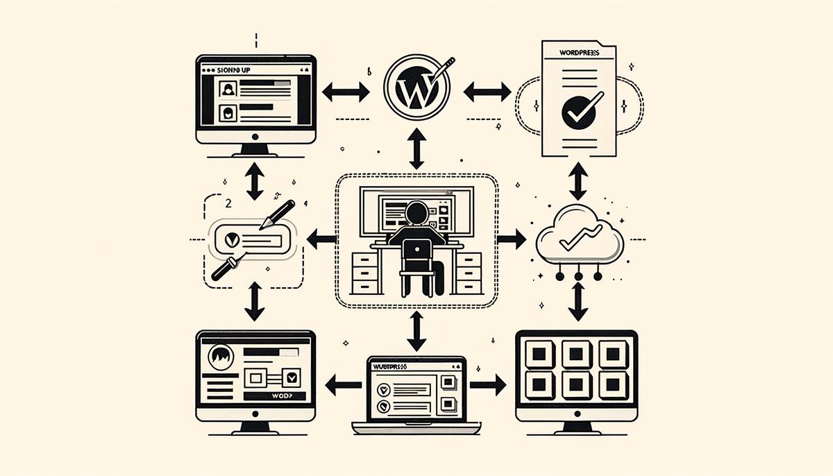 A simplified, step-by-step diagram of the Ezoic setup process, including the WordPress plugin and DNS integration, with arrows connecting each step.