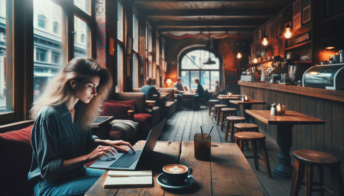 A person typing on a laptop in a cozy café, representing freelance writing