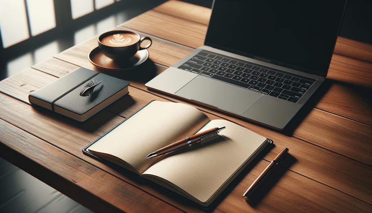 Image of a laptop with a notebook and pen, symbolizing setting up a freelance writing business