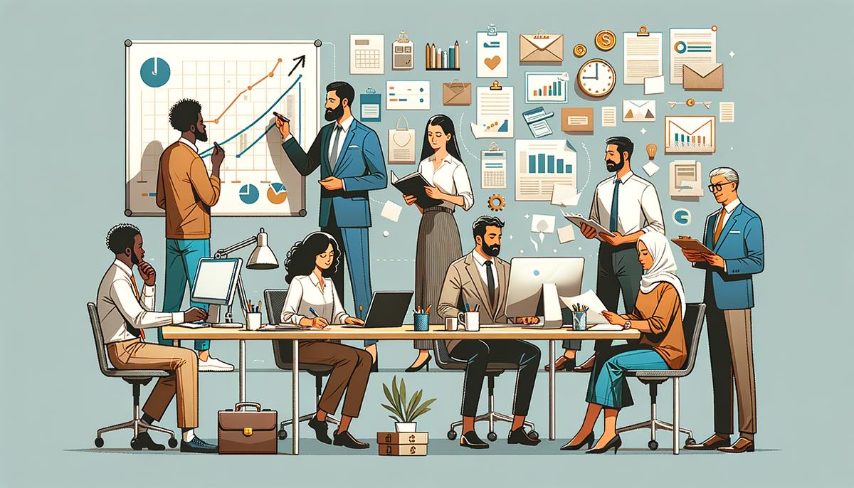 A group of diverse people working together in an office, symbolizing the success of finding and maintaining high-paying freelance writing clients