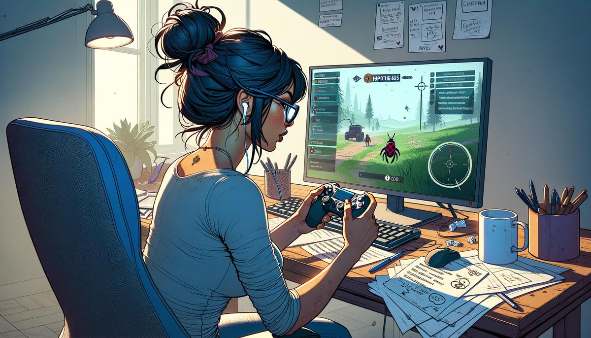 Illustration of a person playing a video game and reporting bugs on a computer screen