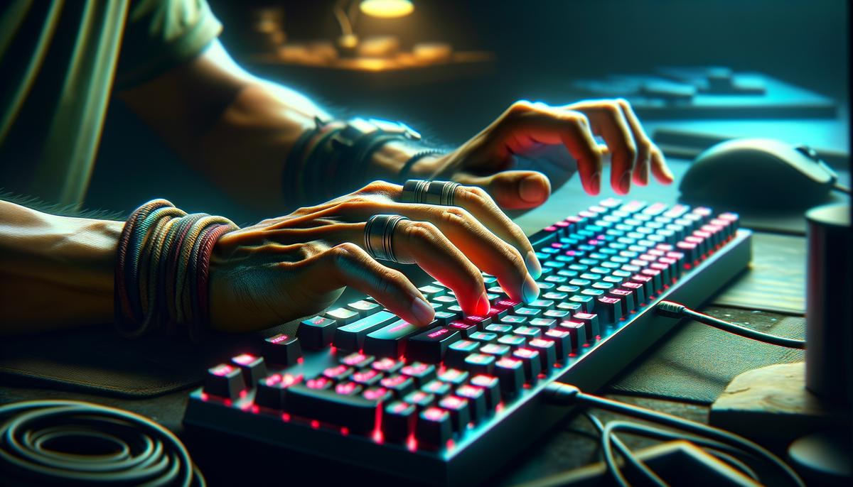 Image of a gamer's hands on a keyboard, showing the importance of skills and tools for beta testing