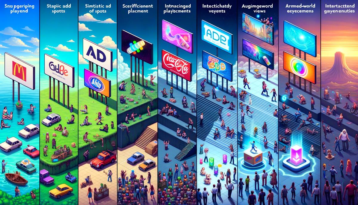 An image showcasing various forms of in-game advertising, including dynamic ads, product placements, multiplayer online game ad spots, augmented reality ads, and interactive playable ads.