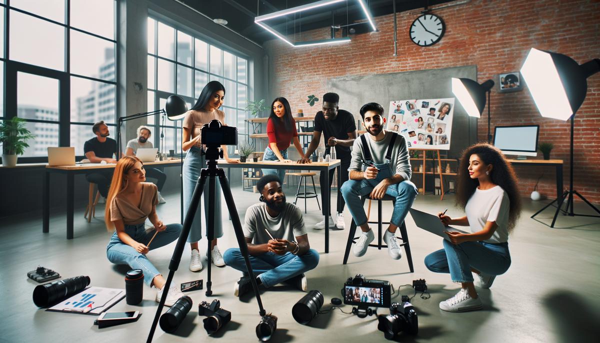 A diverse group of influencers collaborating and creating content, symbolizing the future of influencer marketing