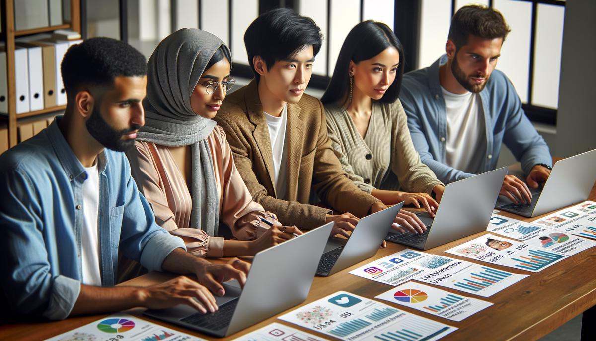 A group of people analyzing Instagram algorithm trends, laptops and charts on the table, indicating social media data analysis