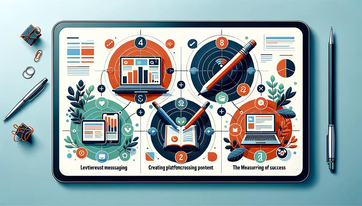 An illustration highlighting the key components of a cross-platform marketing strategy, including consistent messaging, leveraging different platforms, creating cross-platform content, and measuring success.