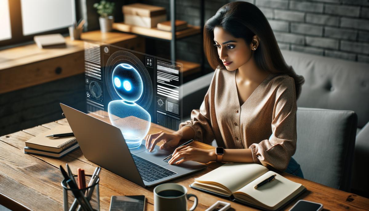 image of person working efficiently at a desk with a virtual assistant on the laptop