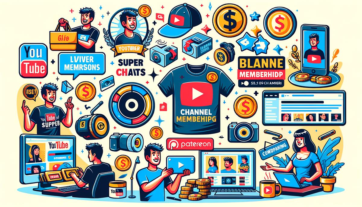 Various strategies to monetize your YouTube channel including selling merchandise, offering channel memberships, using Super Chats and Super Stickers during livestreams, engaging in affiliate marketing, partnering with brands for sponsored content, and crowdfunding with platforms like Patreon.