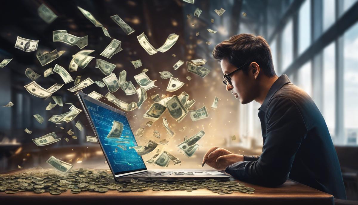 Image depicting a person working on a laptop with money symbols floating in the background.