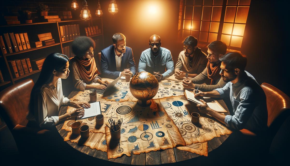 A group of diverse digital marketing professionals discussing strategies around a table with scattered parchments and dimmed lights