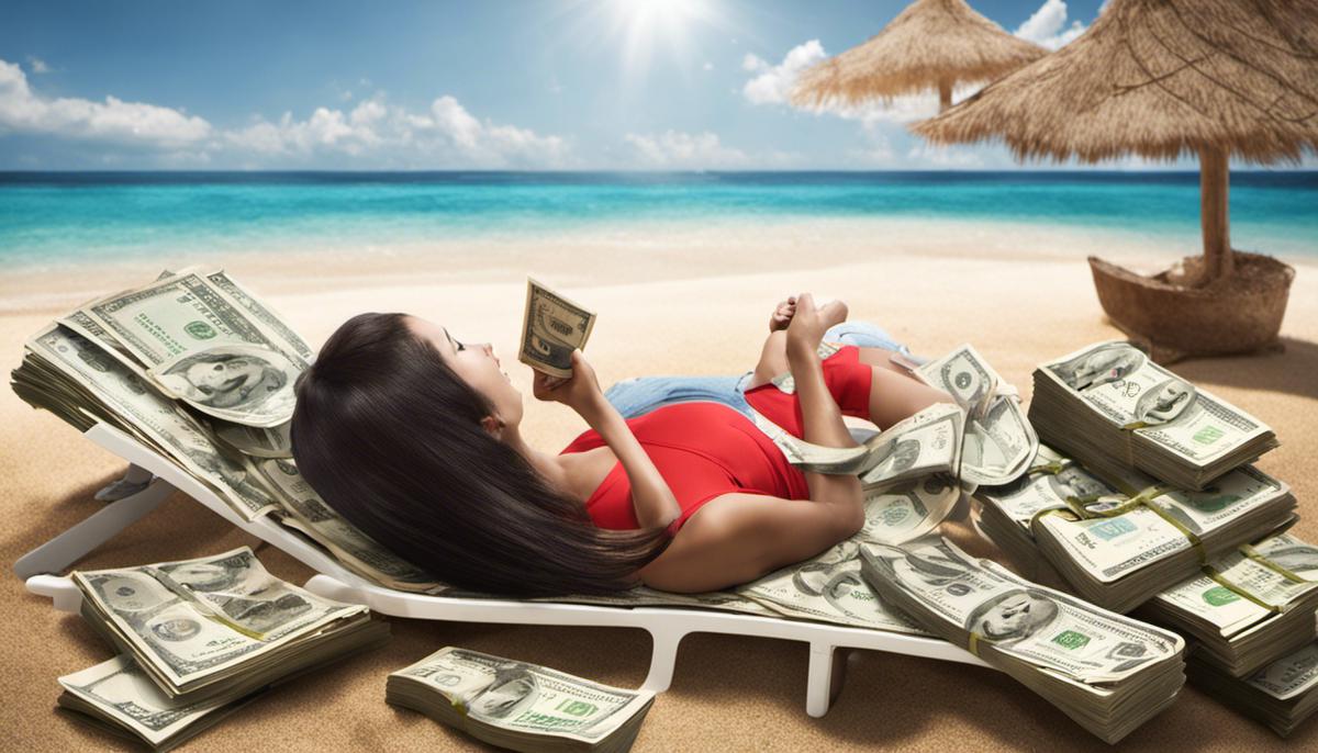 Image illustrating the concept of passive income, showing money flowing into a person's bank account while they relax