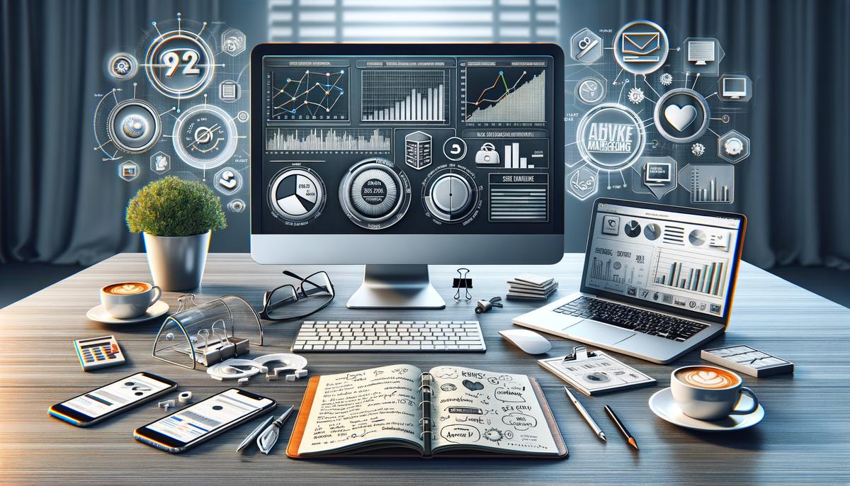 A realistic image showcasing various digital marketing platforms and tools in a modern office setting