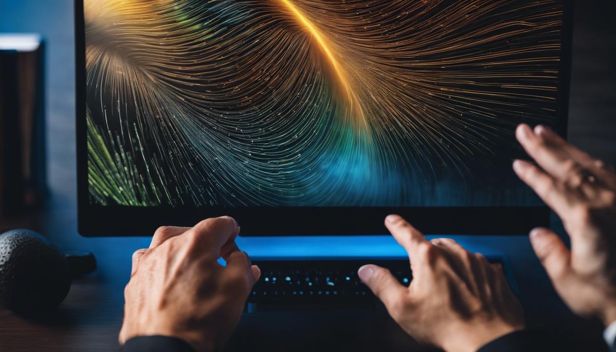 Image of hands in front of a computer screen, symbolizing the concept of personal branding for visually impaired individuals