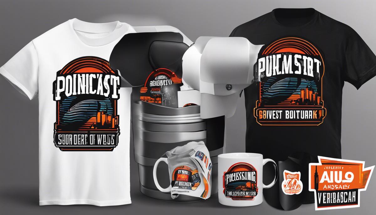 A variety of podcast merchandise including t-shirts, mugs, and stickers showcasing different podcast logos and designs, appealing to a wide audience.